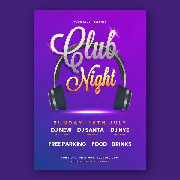 Club Night Party Flyer Дизайн Реалістичними Навушниками Деталями Місця Фіолетовому — стоковий вектор