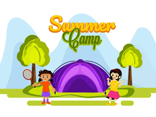 Summer Camp Projektowanie Plakatów Małymi Dziewczynkami Korzystających Abstrakcyjnym Tle Natury — Wektor stockowy