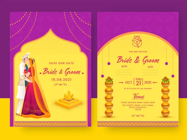 Indian Wedding Invitation Card Template Layout Magenta Yellow Color — Stock Vector