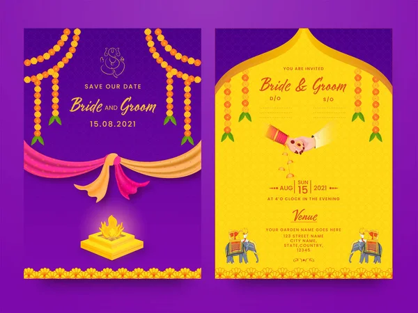Indian Wedding Card Mall Layout Fire Pit Agnikund Lila Bakgrund — Stock vektor