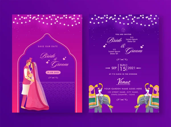 Szablon Karty Zaproszenia Ślubne Indyjskiej Pary Znaków Kolorze Fioletowym Różowym — Wektor stockowy