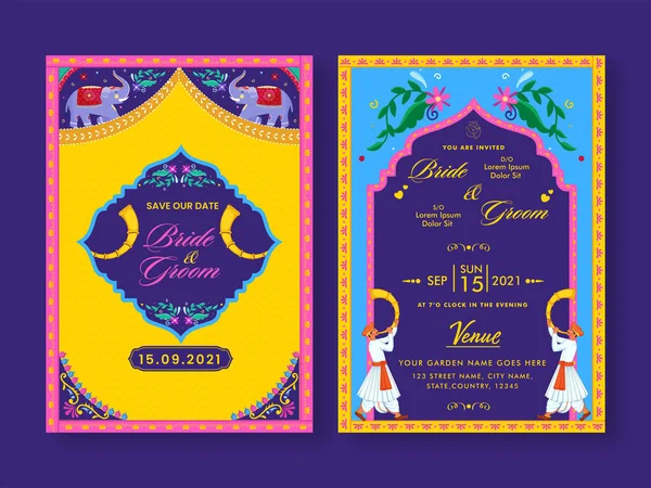 Tarjeta India Colorida Invitación Boda Fondo Púrpura — Archivo Imágenes Vectoriales