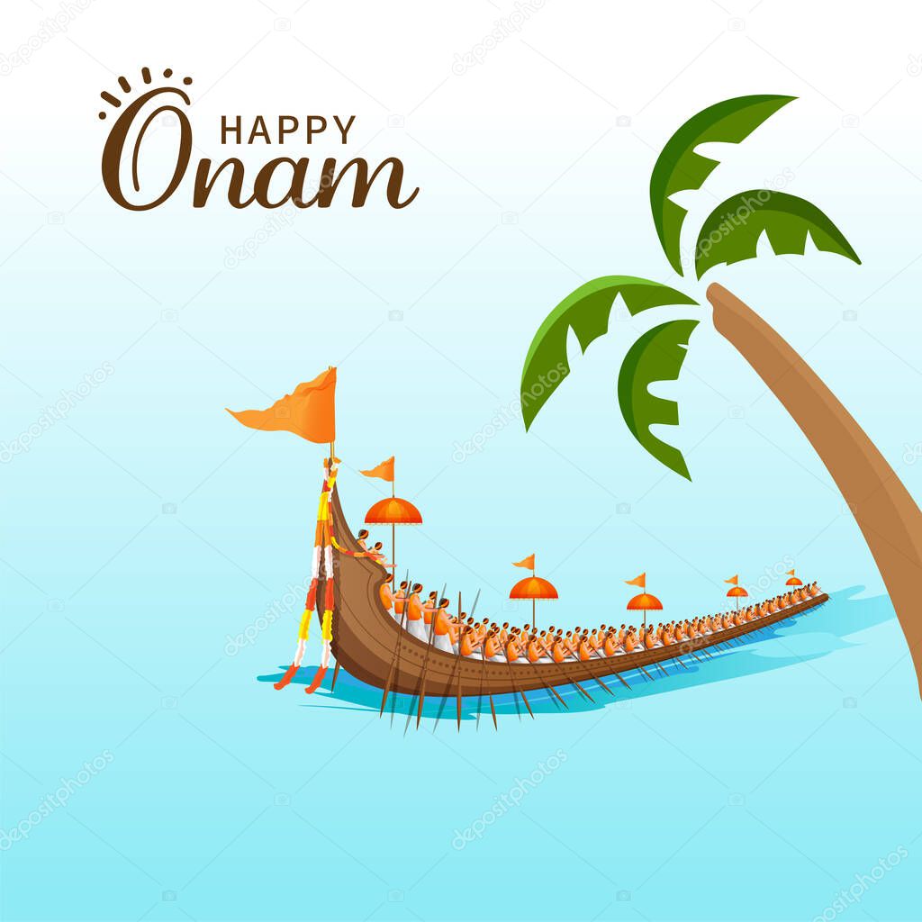 Happy Onam Concept With Vallam Kali (Snake Boat) And Coconut Tree On Blue And White Background.