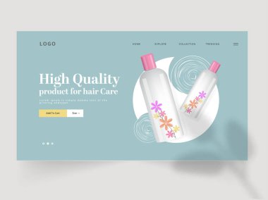 Tepkili İniş Sayfası veya Web Afişi Tasarımı 3D Ürün Şişeleri Çizimi.