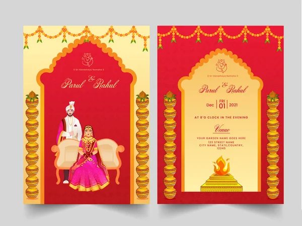 Disposición Plantilla Invitación Boda Con Pareja India Recién Casada Color — Vector de stock