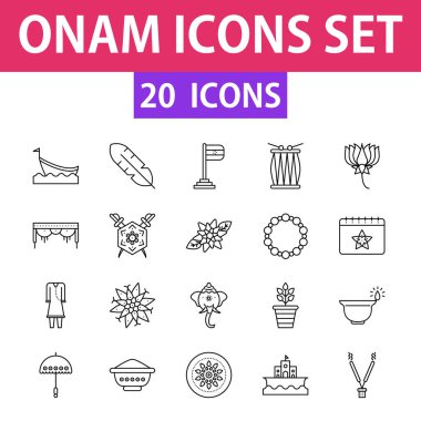 Onam Festivali Simgesi Siyah Çizgi Sanat Seti Düz Stili.