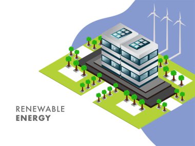 Yenilenebilir Enerji Konsepti 3D Güneş Binası, Bahçe Görünümü ve Mavi ve Beyaz Arkaplan Yel Değirmeni.