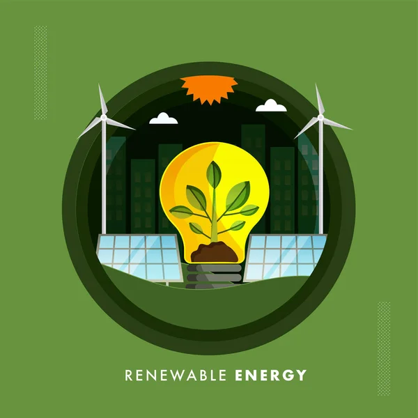 에너지 Eco Bulb Solar Panel Windmill Buildings Sun Green Background — 스톡 벡터