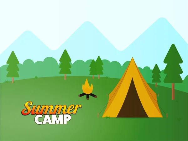 テントイラスト付きサマーキャンプポスターデザイン 自然景観の背景にたき火 — ストックベクタ