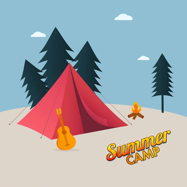 Summer Camp Concept Red Tent Guitar Bonfire Trees Blue Beige — Stock Vector