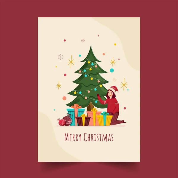 Frohe Weihnachten Grußkarte Mit Fröhlichem Mädchen Zeigt Weihnachtsbaum Kugeln Und — Stockvektor