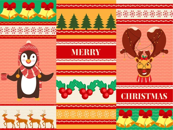 Feliz Navidad Celebración Fondo Decorado Con Pingüino Renos Campanas Árbol — Vector de stock