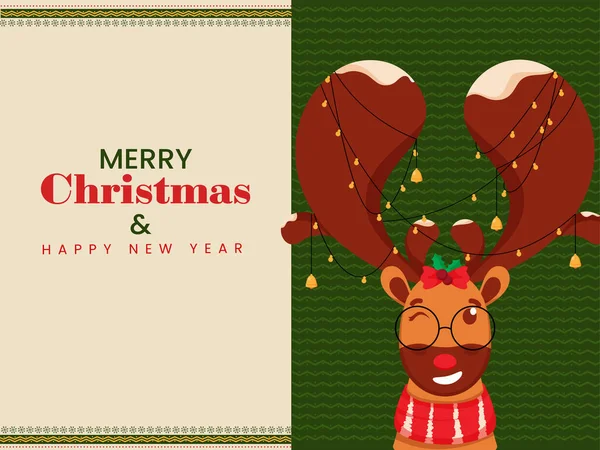 Joyeux Noël Nouvel Célébration Carte Voeux Avec Personnage Visage Renne — Image vectorielle