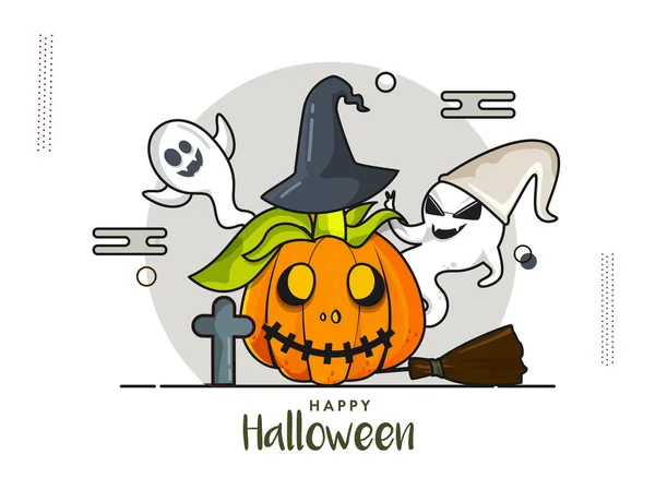 Feliz Halloween Celebration Poster Design Con Calabaza Asustadiza Con Sombrero — Vector de stock