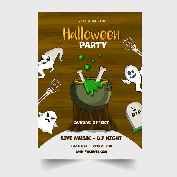 Tarjeta Invitación Fiesta Halloween Con Caldero Hirviendo Tocón Madera Fantasmas — Archivo Imágenes Vectoriales