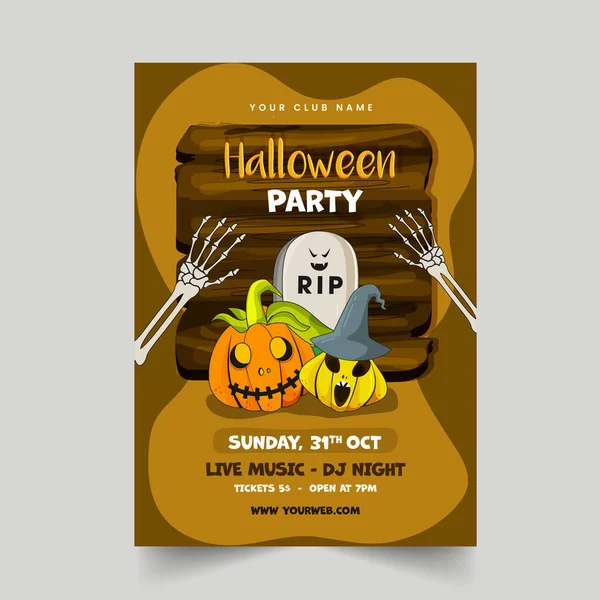 Halloween Party Flyer Ontwerp Met Griezelige Pompoenen Rip Stone Skelet — Stockvector