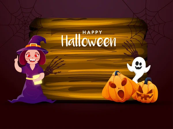 Ευτυχισμένο Halloween Celebration Concept Χαρούμενη Μάγισσα Holding Book Scary Pumpkins — Διανυσματικό Αρχείο