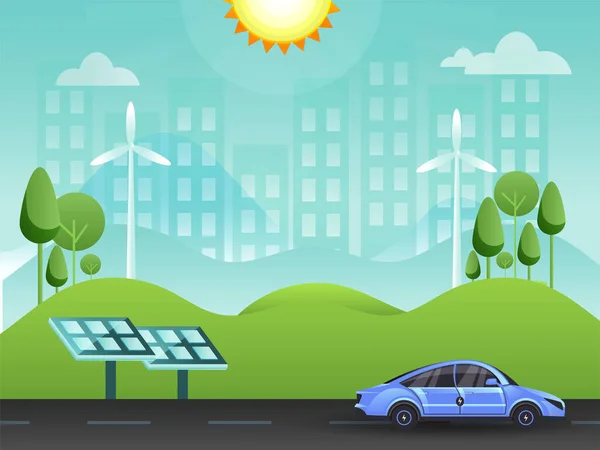 Eco Friendly Green City Background Solar Panel Vehicle Road Sunshine — Stock Vector