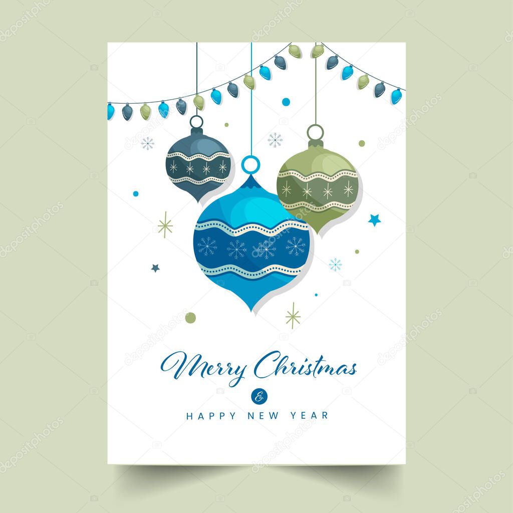 Merry Christmas And Happy New Year Greeting Card Decorated With Lighting Garlands, Baubles Hang Illustration.