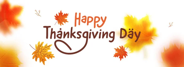 Happy Thanksgiving Day Lettertype Met Esdoorn Bladeren Versierd Witte Achtergrond — Stockvector