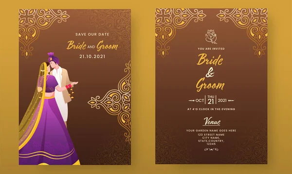 Indian Wedding Invitation Template Layout Front Back View — Stock Vector