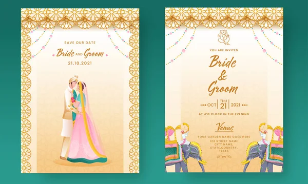 Elegant Bröllop Inbjudningskort Med Indisk Brudgum Främre Och Bakre Sidan — Stock vektor