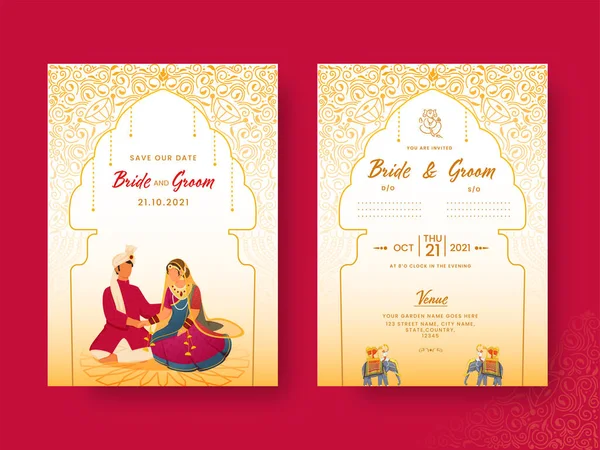 Elegant Wedding Invitation Template Layout Hindu Bridegroom Character Front Back — Stock Vector