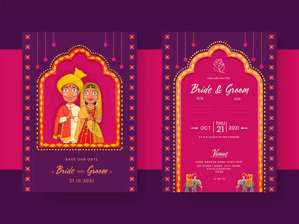 Tarjeta Invitación Boda India Con Personaje Novio Hindú Color Púrpura — Archivo Imágenes Vectoriales