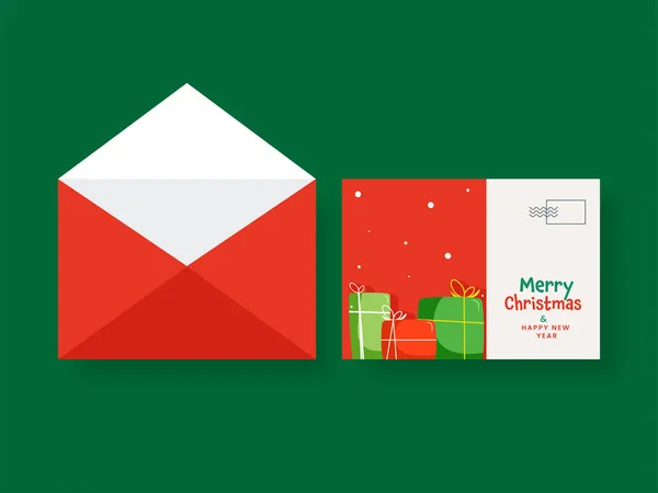 メリークリスマスと赤と白の色のエンベロープを持つ新年の挨拶カード — ストックベクタ