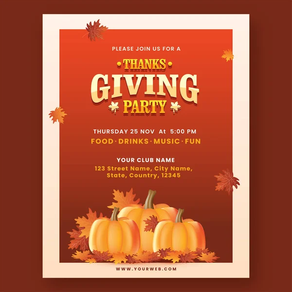 Thanksgiving Party Invitation Card Pumpkins Maple Leaves Venue Details Red — 스톡 벡터