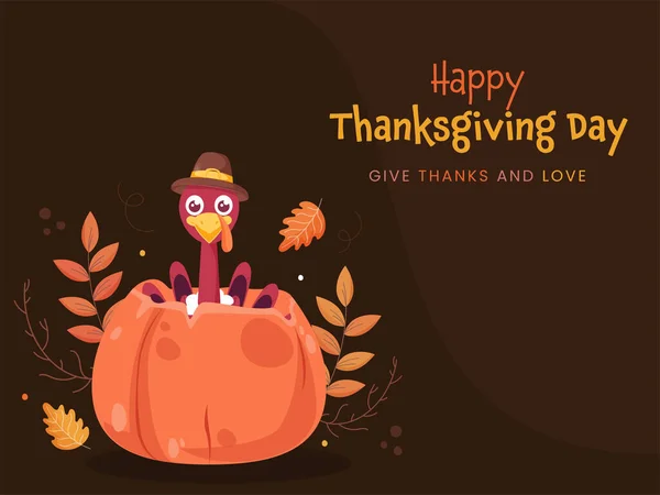 Happy Thankday Concept Turkey Bird Pumpkin Autumn Leaves Brown Background — стоковый вектор