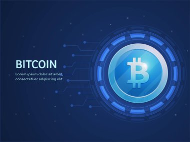 Bitcoin Devreli Web Afişi veya Şablon Tasarımı Mavi Arkaplan.