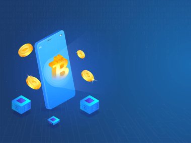 Mavi Devre ve İkili Arkaplan Üzerinde Altın Kripto Bozukluklarıyla Akıllı Telefonun Üç Boyutlu Fotoğrafı.