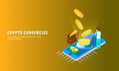 Şifreleme Para Birimleri Web Sancak Tasarımı 3D Bitsoinler, Akıllı Telefon Görüntü Üzerine Banknot Yığını.