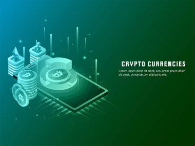 Şifreleme Para Birimleri Poster Tasarımı 3 Boyutlu Bitcoin Diyagramı Akıllı Telefon Ekranı Üzerinde Yeşil Renkli.