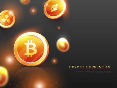 Şifreli Para Birimleri 3 boyutlu Altın Para ve Işıklar Siyah Arkaplan Efekti Konsepti.