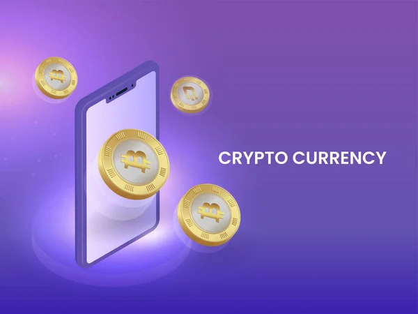 Cryptocurrency Koncept Med Smartphone Och Golden Bitcoins Lila Bakgrund — Stock vektor