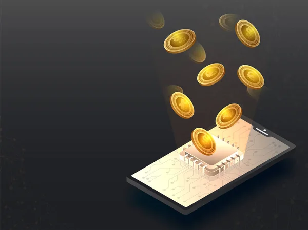 Top View Golden Coins Popping Out Circuit Chip Smartphone Screen — 스톡 벡터