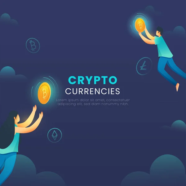 Concepto Cripto Monedas Con Dibujos Animados Joven Mujer Atrapando Bitcoin — Vector de stock