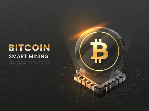 Inteligentní Bitcoin Mining Concept Čip Ilustrace Černém Pozadí — Stockový vektor