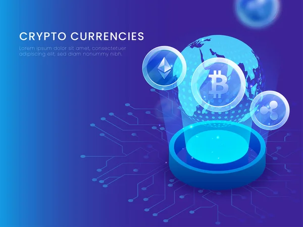 Criptomoedas Design Pôster Com Globo Terra Entre Raios Emergentes Fundo — Vetor de Stock