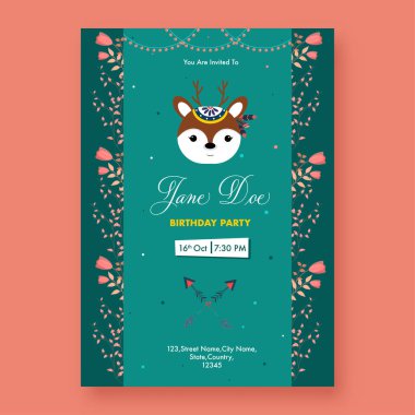 Doğum günü partisi broşürü Çizgi film ren geyiği yüzlü ve olay detayları yeşil renkli.