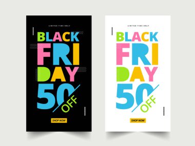 Black Friday Satış Şablonu Tasarımı% 50 indirimli İki Renkli Teklif.