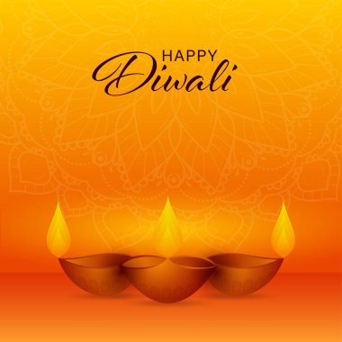 Turuncu Mandala Desenli Arkaplan Üzerine Gerçekçi Işık Işığı Lambaları (Diya) Konulu Mutlu Diwali Kutlaması Konsepti.