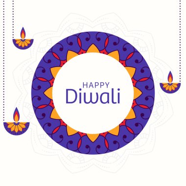Çiçek deseni üzerine Mutlu Diwali Metinleri (Rangoli) ve Lit Oil Lambaları (Diya) Hang.
