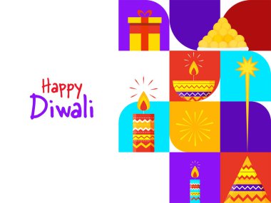 Mutlu Diwali Kutlama Konsepti Düz Renkli Işık Mumları, Havai fişek, Laddu (Tatlı Toplar), Yağ Lambası ve Beyaz Arkaplanda Hediye Kutusu.