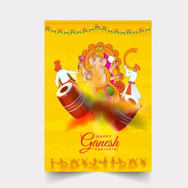 Ganesh Chaturthi Flyer Design Lord Ganesha Heykeli, Maharashtrian Men Sarı Arkaplanda Müzik Enstrümanı Çalıyor.