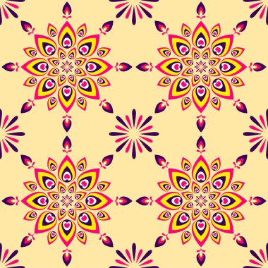 Renkli Rangoli veya Mandala Şablonu ve Havai fişek Paternleri Arkaplanı.