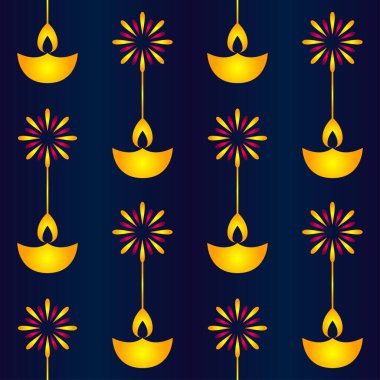 Parlak Yağ Lambaları (Diya) ve Mavi Arkaplanda Havai fişek Paternleri.