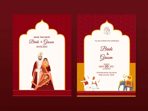 Layout Cartão Convite Casamento Com Caráter Casal Indiano Traje Tradicional — Vetor de Stock